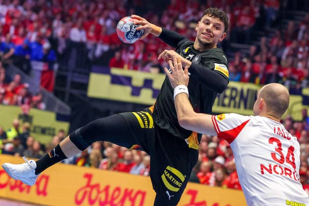 26 01 2026, Handball, Men s EHF EURO 2026, Germany Denmark, Jyske Bank Boxen in Herning, Denmark, Main Round Marko Grgic Germany 71 throws the ball on goal past Simon Hald Jensen Denmark 34 Denmark