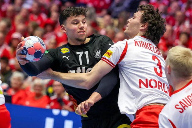 26 01 2026, Handball, Men s EHF EURO 2026, Germany Denmark, Jyske Bank Boxing in Herning, Denmark, Main Round Marko Grgic Germany 71 in a duel against Niclas Vest Kirkelokke Denmark 03 Denmark