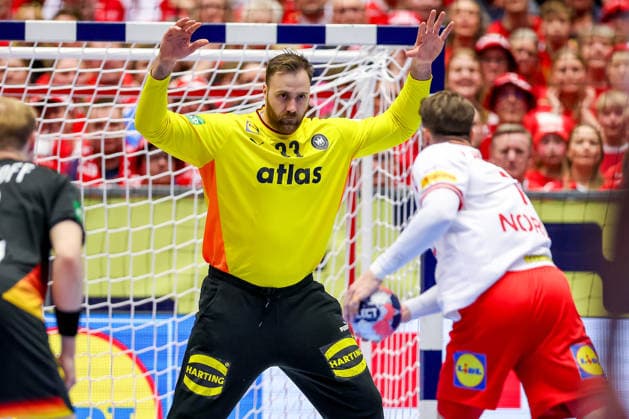 26 01 2026, Handball, Men s EHF EURO 2026, Germany Denmark, Jyske Bank Boxen in Herning, Denmark, Main Round Andreas Wolff Germany 33 vs Emil Jakobsen Denmark 07 Denmark