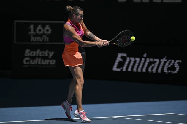 Australian Open 2026 MELBOURNE, AUSTRALIA - JANUARY 27: Aryna Sabalenka in action against Iva Jovic (USA) (not seen) during the Quarterfinals at the Australian Open grand slam tennis tournament at Melbourne Park in Melbourne, Australia on January 27, 2026 Mark Avellino Anadolu Melbourne Australia. Editorial use only. Please get in touch for any other usage.  Copyright: x2026xAnadoluxMarkxAvellinox