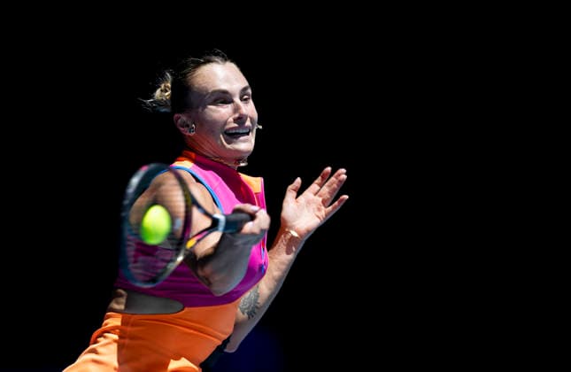(260127) -- MELBOURNE, Jan. 27, 2026 -- Aryna Sabalenka of Belarus hits a return during the women s singles quarterfinal match between Aryna Sabalenka of Belarus and Iva Jovic of the United States at the Australian Open tennis tournament in Melbourne, Australia, Jan. 27, 2026. (Photo by Xinhua) (SP)AUSTRALIA-MELBOURNE-TENNIS-AUSTRALIAN OPEN-WOMEN S SINGLES-QUARTERFINAL HuxJingchen 