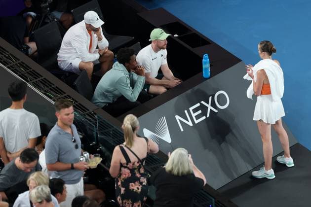 Elina Svitolina talks to GaÃ«l Monfils during her quarter final match Australian Open tennis tournament, Day Ten, Melbourne Park, Australia - 27 Jan 2026Melbourne Melbourne Park Victoria (VIC) Australia  Copyright: xRachelxBach Shutterstockx 16403663ef