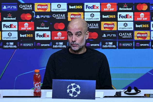 Ahead of Manchester City v Galatasaray - UEFA Champions League MANCHESTER, UNITED KINGDOM - JANUARY 27: Manchester City head coach Pep Guardiola delivers a speech during a press conference, PK, Pressekonferenz ahead of the UEFA Champions League eighth-round match between Manchester City and Galatasaray at Etihad Stadium in Manchester, United Kingdom, on January 27. Rasid Necati Aslim Anadolu Manchester United, ManU Kingdom. Editorial use only. Please get in touch for any other usage.  Copyright: x2026xAnadoluxRasidxNecatixAslimx