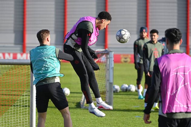 Jamal MUSIALA Bayern Muenchen ,Action,Header preview Football Champions League,Season 2025 26, League phase final training,Training PSV Eindhoven FC Bayern Muenchen on 27 01 2026