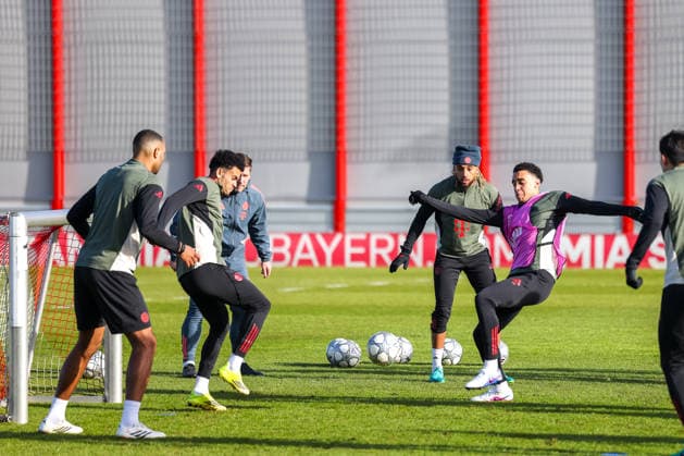 Jamal Musiala FC Bayern Muenchen, 10 with Sacha Boey FC Bayern Muenchen, 23 and Jonathan Tah FC Bayern Muenchen, 04 , with Luis Diaz FC Bayern Muenchen, 14 , GER, Final training, FC Bayern Muenchen, Football, UEFA Champions League, League Phase, Matchday 8, 2025 2026 season, 27 01 2026, GER, Final training, FC Bayern Muenchen, Football, UEFA Champions League, League Phase, Matchday 8, 2025 2026 season, 27 01 2026 Muenchen Copyright: xEibner-Pressefoto JennixMaulx EP_JML