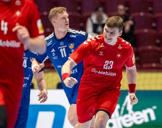 MALMÖ 2026 01 27 Switzerland s Lukas Laube reacts after goal in action during the 2026 EHF European Men s Handball Championship the EHF Euro 2026 main round match between Switzerland and Iceland at the Malmö Arena, in Malmö, Sweden, on January 27, 2026 MALMÖ SWEDEN x50090x  Copyright: xJohanxNilssonx xTTx EHF EURO 2026 SWITZERLAND-ICELAND