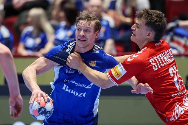 Switzerland v Iceland - MenÂ s EHF EURO 2026 MALMO, SWEDEN - JANUARY 27: Janus Dadi Smarason of iceland and Gino Steenaerts of Switzerland in action during the Men s EHF Euro 2026 match between Iceland and Switzerland at Malmo Arena on January 27, 2026 in Malmo, Sweden.  SanjinxStrukic PIXSELL