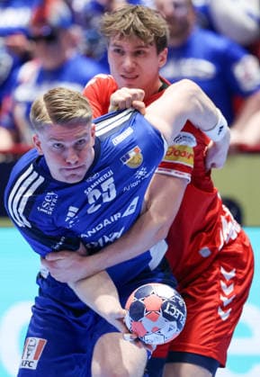 Switzerland v Iceland - MenÂ s EHF EURO 2026 MALMO, SWEDEN - JANUARY 27: Haukur Thrastarson of Iceland and Luca Sigrist of Switzerland in action during the Men s EHF Euro 2026 match between Iceland and Switzerland at Malmo Arena on January 27, 2026 in Malmo, Sweden.  SanjinxStrukic PIXSELL
