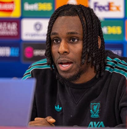Football - UEFA Champions League - League Phase - Liverpool FC v QarabaÄü FK - MD-1 LIVERPOOL, ENGLAND - Tuesday, January 27, 2026: Liverpool s Jeremie Frimpong during a press conference, PK, Pressekonferenz at Anfield ahead of the UEFA Champions League game between Liverpool FC and QarabaÄü FK. (Photo by David Rawcliffe Propaganda) LIVERPOOL Anfield MERSEYSIDE ENGLAND  Copyright: xDavidxRawcliffex P2026-01-27-Liverpool_ Qarabag_MD-1-70