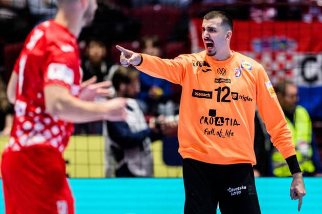 260127 Goalkeeper Matej Mandic of Croatia celebrates during the EHF European Handball Championship main round match between Slovenia and Croatia on January 27, 2026 in Malmö Photo Petter Arvidson BILDBYRAN kod PA PA1141 handball handball handball handballs em 2026 slovenien slovenia croatia kroatien ehf european handball championship bbeng grappa33 jubel  Copyright: PETTERxARVIDSON BB260127PA077