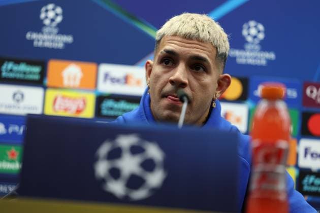 Marseille s Facundo Medina pictured during a press conference, PK, Pressekonferenz of French soccer team Olympique de Marseille, on Tuesday 27 January 2026 in Brugge. The team is preparing for tomorrow s game against Belgian Club Brugge KV, on day eight of the League phase of the UEFA Champions League tournament. KURTxDESPLENTER  x159065560x
