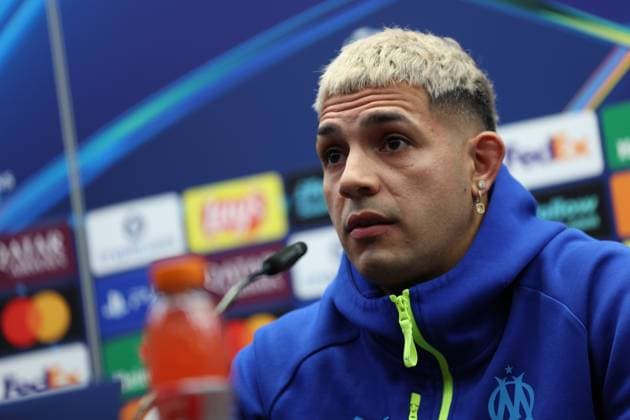 Marseille s Facundo Medina pictured during a press conference, PK, Pressekonferenz of French soccer team Olympique de Marseille, on Tuesday 27 January 2026 in Brugge. The team is preparing for tomorrow s game against Belgian Club Brugge KV, on day eight of the League phase of the UEFA Champions League tournament. KURTxDESPLENTER  x159065574x
