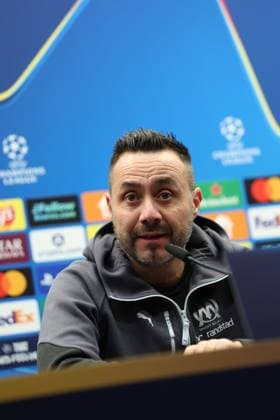 Marseille s head coach Roberto De Zerbi pictured during a press conference, PK, Pressekonferenz of French soccer team Olympique de Marseille, on Tuesday 27 January 2026 in Brugge. The team is preparing for tomorrow s game against Belgian Club Brugge KV, on day eight of the League phase of the UEFA Champions League tournament. KURTxDESPLENTER  x159065718x