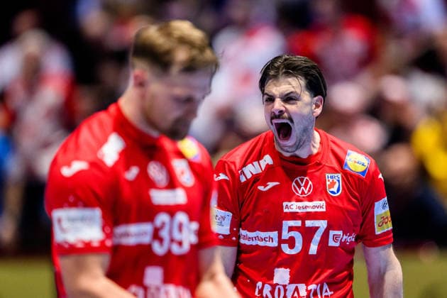 260127 Filip Glavas of Croatia celebrates during the EHF European Handball Championship main round match between Slovenia and Croatia on January 27, 2026 in Malmö Photo Petter Arvidson BILDBYRAN kod PA PA1141 handball handball handballs em 2026 slovenien slovenia croatia kroatien ehf european handball championship bbeng grappa33 jubel  Copyright: PETTERxARVIDSON BB260127PA103