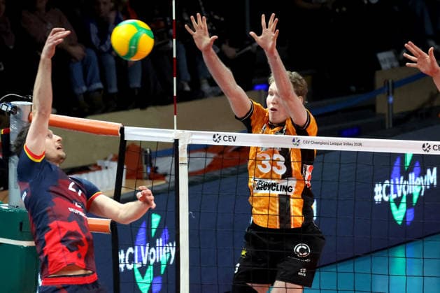 DEU, Champions League, BR Volleys vs VK Lvi Prague, 27 01 2026, Max Schmeling Halle, Berlin, DEU, Champions League, BR Volleys vs VK Lvi Prague, in the picture Fedor Ivanov BR Volleys 33 , Jakub Ihnat Lvi Prague 21 nordphotoxGmbHx xEngler nph00076