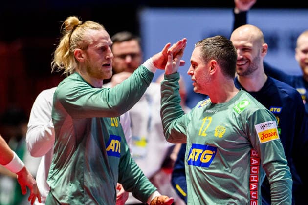 260127 Goalkeeper Mikael Appelgren and goalkeeper Andreas Palicka during the EHF European Handball Championship main round match between Sweden and Hungary on January 27, 2026 in Malmö Photo Petter Arvidson BILDBYRAN kod PA PA1142 handball handball handball handballs em 2026 sverige sweden hungary ehf european handball championship ungern bbeng  Copyright: PETTERxARVIDSON BB260127PA154