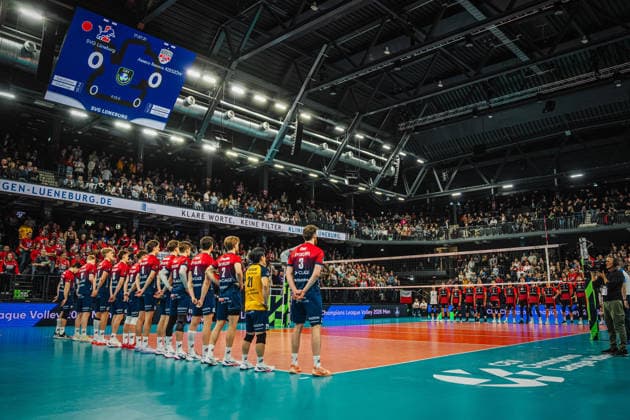 Volleyball Men CEV Champions League 2026 SVG Lüneburg vs Asseco Resovia Rzeszow 27 01 2026 The teams during the Champions League anthem