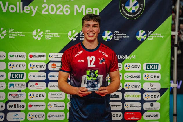 Volleyball Men CEV Champions League 2026 SVG Lüneburg vs Asseco Resovia Rzeszow 27 01 2026 MVP of the match Santeri Välimaa 12 SVG Lüneburg