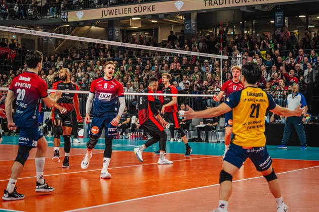 Volleyball Men CEV Champions League 2026 SVG Lüneburg vs Asseco Resovia Rzeszow 27 01 2026 The SVG Lüneburg team celebrates