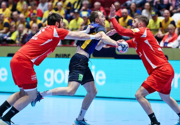 Sweden v Hungary - MenÂ s EHF EURO 2026 MALMO, SWEDEN - JANUARY 27: Miklos Rosta, Felix Claar, Zoran Ilic during the Men s EHF Euro 2026 match between Sweden adn Hungary at Malmo Arena on January 27, 2026 in Malmo, Sweden.  SanjinxStrukic PIXSELL