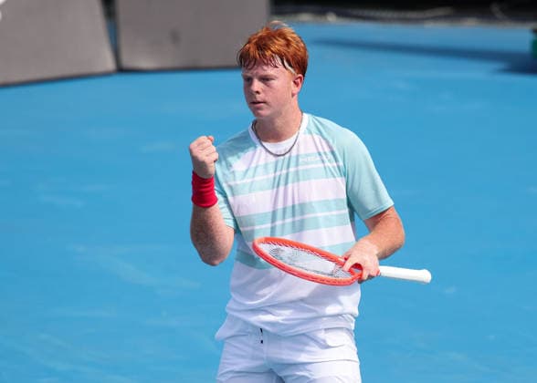 Jamie Mackenzie GER makes a fist and cheers, cheers, joy, emotion, Boys Singles, Boys Singles, Australian Open 2026 Melbourne Park, Melbourne, Victoria, Australia Copyright: xJuergenxHasenkopfx