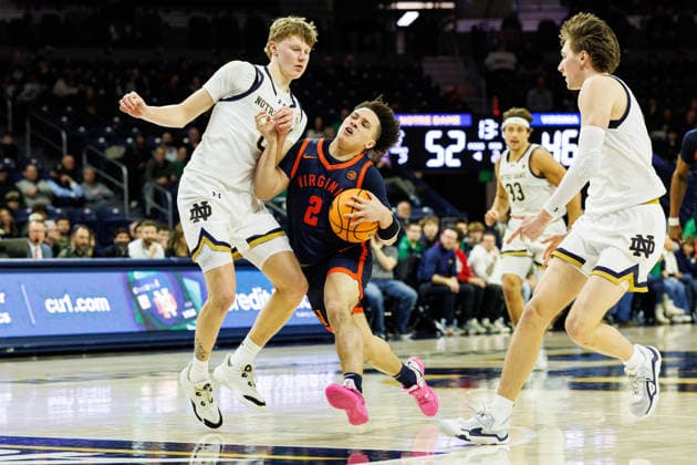 January 27, 2026: Virginia guard Chance Mallory (2) drives too the basket as Notre Dame forward Brady Koehler (6) defends during NCAA, College League, USA basketball game action between the Virginia Cavaliers and the Notre Dame Fighting Irish at Purcell Pavilion at the Joyce Center in South Bend, Indiana. CSM. South Bend United States of America - ZUMAc04_ 20260127_zma_c04_131 Copyright: xJohnxMersitsx