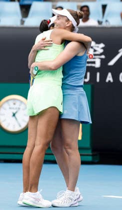 (260128) -- MELBOURNE, Jan. 28, 2026 -- Zhang Shuai (L) Elise Mertens celebrate winning during the women s doubles quarterfinal match between Zhang Shuai (China) Elise Mertens (Belgium) and Wu Fang-Hsien (Chinese Taipei) Hozumi Eri (Japan) at the Australian Open tennis tournament in Melbourne, Australia, Jan. 28, 2026. ) (SP)AUSTRALIA-MELBOURNE-TENNIS-AUSTRALIAN OPEN-WOMEN S DOUBLES-QUARTERFINALS MaxPing 