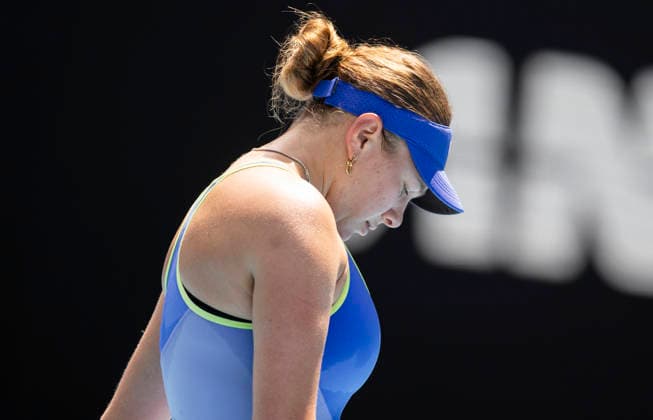 (260128) -- MELBOURNE, Jan. 28, 2026 -- Amanda Anisimova reacts during the women s singles quarterfinal match between Jessica Pegula of the United States and Amanda Anisimova of the United States at the Australian Open tennis tournament in Melbourne, Australia, Jan. 28, 2026. (Photo by Xinhua) (SP)AUSTRALIA-MELBOURNE-TENNIS-AUSTRALIAN OPEN-WOMEN S SINGLES-QUARTERFINALS HuxJingchen 