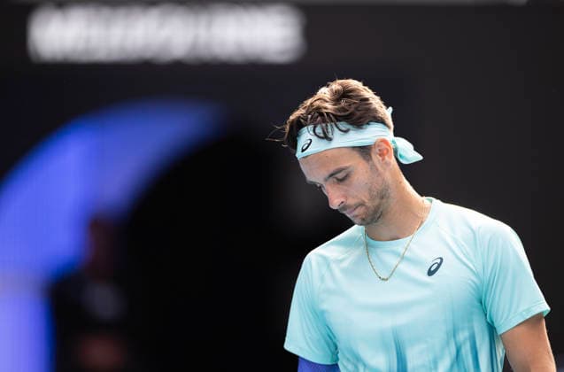 (260128) -- MELBOURNE, Jan. 28, 2026 -- Lorenzo Musetti of Italy reacts during the men s singles quarterfinal match between Novak Djokovic of Serbia and Lorenzo Musetti of Italy at the Australian Open tennis tournament in Melbourne, Australia, Jan. 28, 2026. (Photo by Xinhua) (SP)AUSTRALIA-MELBOURNE-TENNIS-AUSTRALIAN OPEN-MEN S SINGLES-QUARTERFINALS HuxJingchen 