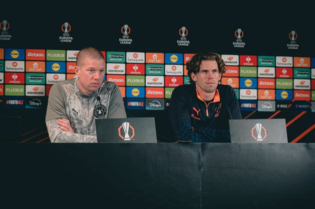 FC Midtjylland press conference, PK, Pressekonferenz - Europa League Herning, Denmark - January 28: Head coach Mike Tullberg and captain Mads Bech Sorensen during a Press conference before the game between FC Midtjylland and Dinamo Zagreb in UEFA Europa League at MCH Arena Herning MCH Arena Denmark Copyright: xDANIELxSTENTZx