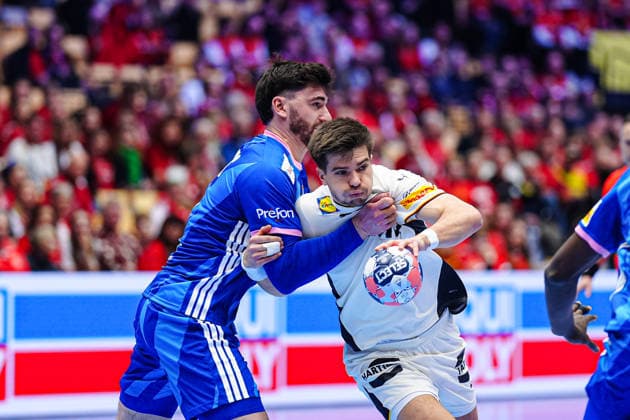 Ludovic Fabregas France, 23 , Renars Uscins Germany, 23 DEN, Germany vs France, Handball, EHF European Championship 2026, Main Round, Matchday 4, 28 01 2026 DEN, Germany vs France, Handball, EHF European Championship 2026, Main Round, Matchday 4, 28 01 2026 Herning Copyright: xEibner-Pressefoto MarcelxvonxFehrnx EP_MFN