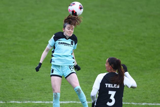 London, England, 28th January 2026. Rose Lavelle of Gotham heads the ball past Bruninha of Gotham during the Gotham FC vs Corinthians Feminino FIFA Womens Champions Cup semi-final match at Gtech Community Stadium, London. Picture credit should read: Paul Terry Sportimage EDITORIAL USE ONLY. No use with unauthorised audio, video, data, fixture lists, club league logos or live services. Online in-match use limited to 120 images, no video emulation. No use in betting, games or single club league player publications. SPI_053_PT_Gotham_Corinthians SPI-4483-0053