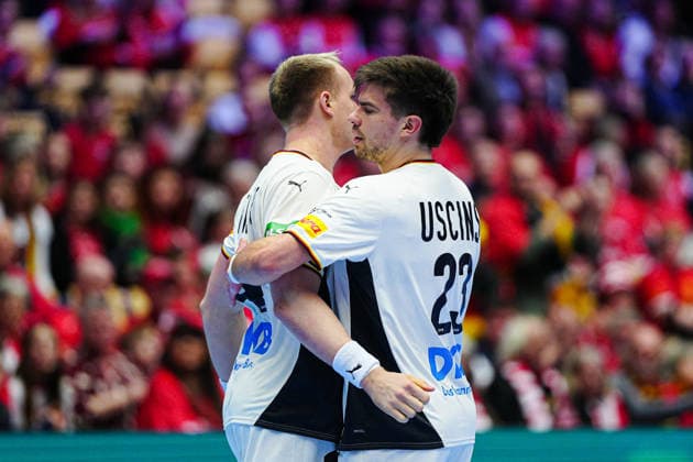 Justus Fischer Germany, 54 , Renars Uscins Germany, 23 DEN, Germany vs France, Handball, EHF European Championship 2026, Main Round, Matchday 4, 28 01 2026 DEN, Germany vs France, Handball, EHF European Championship 2026, Main Round, Matchday 4, 28 01 2026 Herning Copyright: xEibner-Pressefoto MarcelxvonxFehrnx EP_MFN