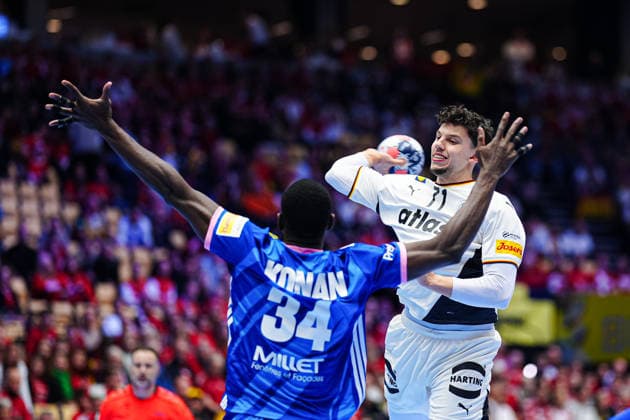 Throw Goal Marko Grgic Germany, 71 , Karl Konan France, 34 DEN, Germany vs France, Handball, EHF European Championship 2026, Main Round, Matchday 4, 28 01 2026 DEN, Germany vs France, Handball, EHF European Championship 2026, Main Round, Matchday 4, 28 01 2026 Herning Copyright: xEibner-Pressefoto MarcelxvonxFehrnx EP_MFN