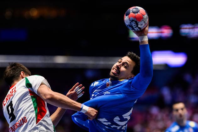 260128 Andrej Pergel of Hungary and Ivan Martinovic of Croatia during the EHF European Handball Championship main round match between Croatia and Hungary on January 28, 2026 in Malmö Photo Petter Arvidson BILDBYRAN kod PA PA1144 handball handball handball handballs em 2026 croatia hungary kroatien ungern ehf european handball championship bbeng grappa33  Copyright: PETTERxARVIDSON BB260128PA051