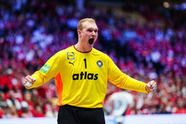 Cheering after David Spaeths save Germany, 01 DEN, Germany vs France, Handball, EHF European Championship 2026, Main Round, Matchday 4, 28 01 2026 DEN, Germany vs France, Handball, EHF European Championship 2026, Main Round, Matchday 4, 28 01 2026 Herning Copyright: xEibner-Pressefoto MarcelxvonxFehrnx EP_MFN