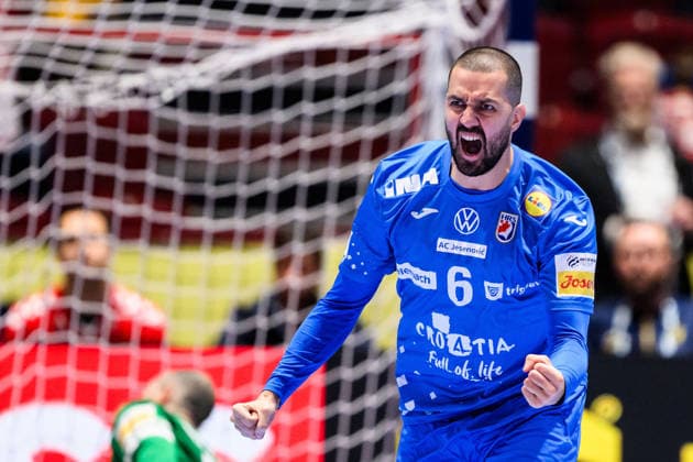 260128 Mario Sostaric of Croatia celebrates during the EHF European Handball Championship main round match between Croatia and Hungary on January 28, 2026 in Malmö Photo Petter Arvidson BILDBYRAN kod PA PA1144 handball handball handball handballs em 2026 croatia hungary croatia hungary ungerman ehf european handball championship bbeng grappa33jubel celebrates  Copyright: PETTERxARVIDSON BB260128PA068