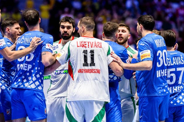 260128 Frustration between Hungarian and Croatian players after the EHF European Handball Championship main round match between Croatia and Hungary on January 28, 2026 in Malmö Photo Petter Arvidson BILDBYRAN kod PA PA1144 handball handball handball handballs em 2026 croatia hungary croatia hungary ungerman ehf european handball championship bbeng grappa33  Copyright: PETTERxARVIDSON BB260128PA089