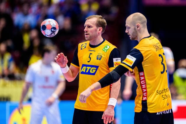 260128 Max Darj and Lukas Sandell of Sweden during the EHF European Handball Championship main round match between Switzerland and Sweden on January 28, 2026 in Malmö Photo Petter Arvidson BILDBYRAN kod PA PA1145 handball handball handball handballs em 2026 schweiz sverige sweden ehf european handball championship switzerland bbeng  Copyright: PETTERxARVIDSON BB260128PA122