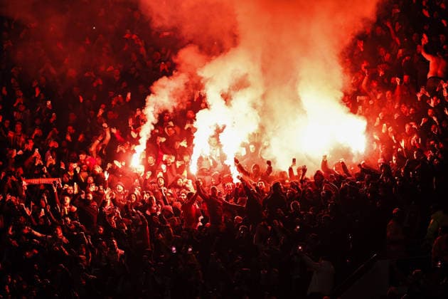 Manchester, England, 28th January 2026. Galatasaray fans use pyrotechnics during the Manchester City vs Galatasaray UEFA Champions League match at the Etihad Stadium, Manchester. Picture credit should read: Cody Froggatt Sportimage EDITORIAL USE ONLY. No use with unauthorised audio, video, data, fixture lists, club league logos or live services. Online in-match use limited to 120 images, no video emulation. No use in betting, games or single club league player publications. SPI_010_CF_Man_City_Galatasaray SPI-4489-0035
