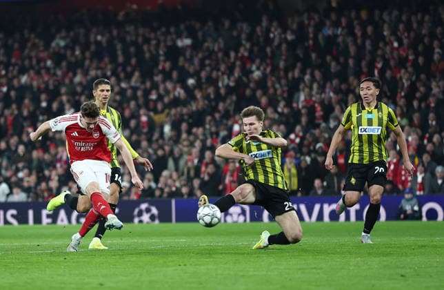 London, England, 28th January 2026. Viktor Gyokeres of Arsenal scores the first goal during the Arsenal vs Kairat Almaty UEFA Champions League match at the Emirates Stadium, London. Picture credit should read: David Klein Sportimage EDITORIAL USE ONLY. No use with unauthorised audio, video, data, fixture lists, club league logos or live services. Online in-match use limited to 120 images, no video emulation. No use in betting, games or single club league player publications. SPI_014_DK_Arsenal_Alamty SPI-4488-0013