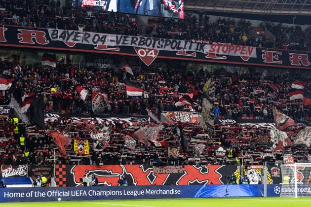 UEFA Champions League Bayer 04 Leverkusen Villarreal FC 28 01 2026 Fans of Bayer 04 Leverkusen with the banner BAYER 04 stop ban policy UEFA Champions League Bayer 04 Leverkusen Villarreal FC BayArena, Leverkusen 28 01 2026 Copyright: xBEAUTIFULxSPORTS Buriakovx