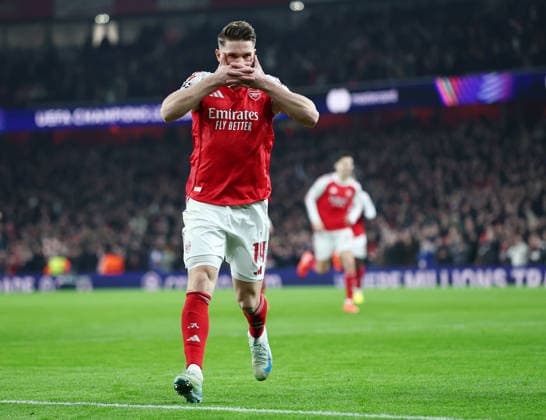 London, England, 28th January 2026. Viktor Gyokeres of Arsenal celebrates scoring the first goal during the Arsenal vs Kairat Almaty UEFA Champions League match at the Emirates Stadium, London. Picture credit should read: David Klein Sportimage EDITORIAL USE ONLY. No use with unauthorised audio, video, data, fixture lists, club league logos or live services. Online in-match use limited to 120 images, no video emulation. No use in betting, games or single club league player publications. SPI_018_DK_Arsenal_Alamty SPI-4488-0018