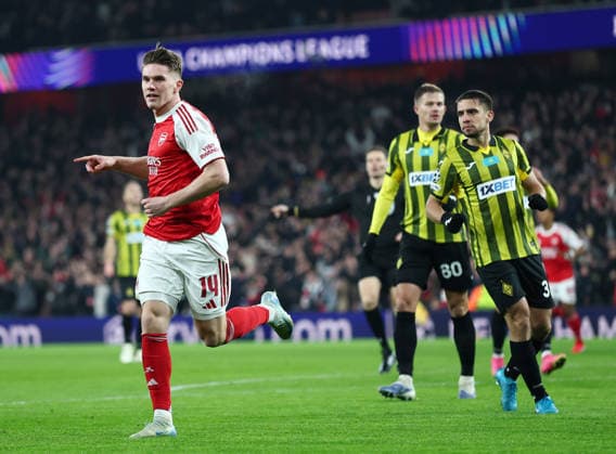 London, England, 28th January 2026. Viktor Gyokeres of Arsenal (l) celebrates scoring the first goal during the Arsenal vs Kairat Almaty UEFA Champions League match at the Emirates Stadium, London. Picture credit should read: David Klein Sportimage EDITORIAL USE ONLY. No use with unauthorised audio, video, data, fixture lists, club league logos or live services. Online in-match use limited to 120 images, no video emulation. No use in betting, games or single club league player publications. SPI_019_DK_Arsenal_Alamty SPI-4488-0019