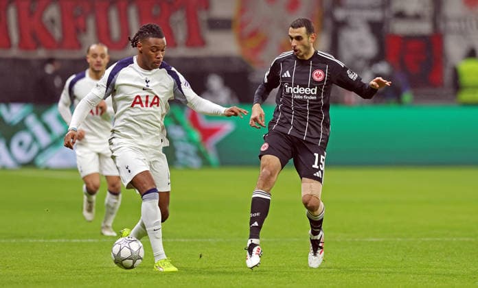 28 01 2026, xovx, Football UEFA Champions League, Eintracht Frankfurt Tottenham Hotspur v l Destiny Udogie Tottenham Hotspur , Ellyes Skhiri Eintracht Frankfurt DFL DFB REGULATIONS PROHIBIT ANY USE OF PHOTOGRAPHS as IMAGE SEQUENCES and or QUASI VIDEO emspor Frankfurt am Main