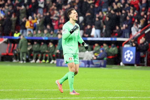 28 01 2026, xrekx, Football UEFA Champions League, Bayer 04 Leverkusen FC Villareal v l Janis Blaswich Bayer 04 Leverkusen celebrates Malik Tillmans 1 0 Bayer 04 Leverkusen DFL DFB REGULATIONS PROHIBIT ANY USE OF PHOTOGRAPHS as IMAGE SEQUENCES and or QUASI VIDEO Leverkusen
