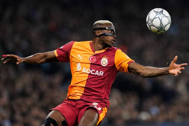 Manchester, England, 28th January 2026. Victor Osimhen of Galatasaray during the Manchester City vs Galatasaray UEFA Champions League match at the Etihad Stadium, Manchester. Picture credit should read: Andrew Yates Sportimage EDITORIAL USE ONLY. No use with unauthorised audio, video, data, fixture lists, club league logos or live services. Online in-match use limited to 120 images, no video emulation. No use in betting, games or single club league player publications. SPI_026_AY_Man_City_Galatasaray SPI-4489-0054