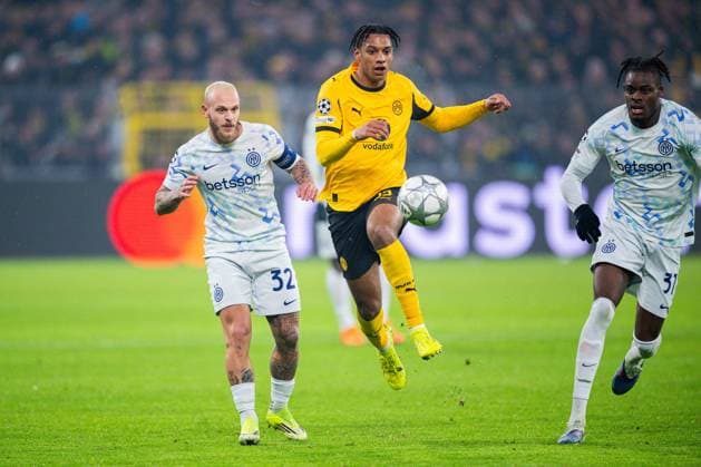 28 01 2026 Football, 2025 2026, UEFA Champions League, Matchday 8, Borussia Dortmund Inter Milan L R Federico Dimarco Milan , Filippo Mane Dortmund , Yann Bisseck Milan