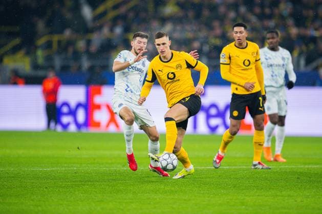 28 01 2026 Football, 2025 2026, UEFA Champions League, Matchday 8, Borussia Dortmund Inter Milan L R Petar Sucic Milan , Nico Schlotterbeck Dortmund