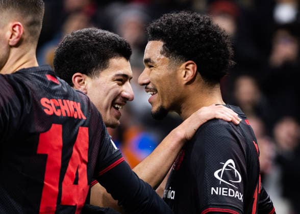 Leverkusen, Bayarena, 28 01 2026 Malik Tillman of Leverkusen R celebrates scoring the 1 0 goal with Ibrahim Maza of Leverkusen during the Championsleague match Bayer 04 Leverkusen vs FC Villarreal
